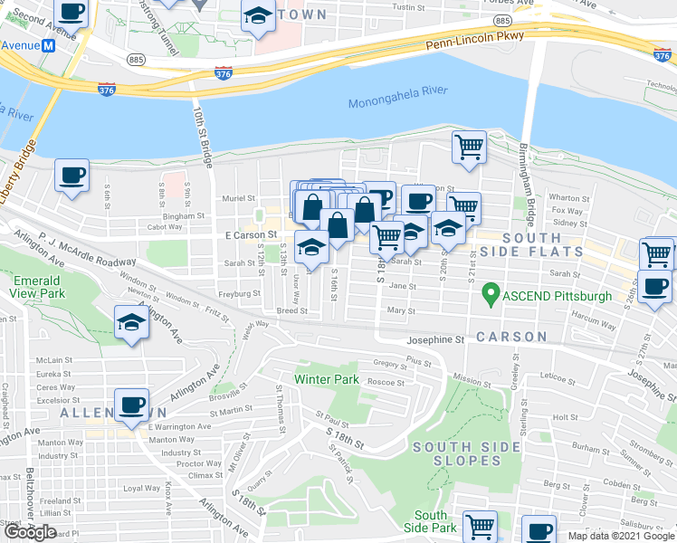 map of restaurants, bars, coffee shops, grocery stores, and more near 114 South 16th Street in Pittsburgh