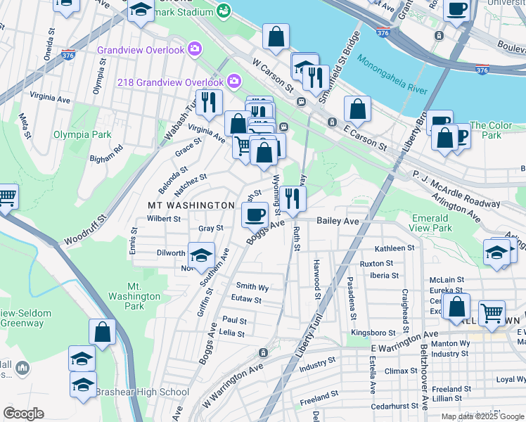 map of restaurants, bars, coffee shops, grocery stores, and more near 17 Greenbush Street in Pittsburgh