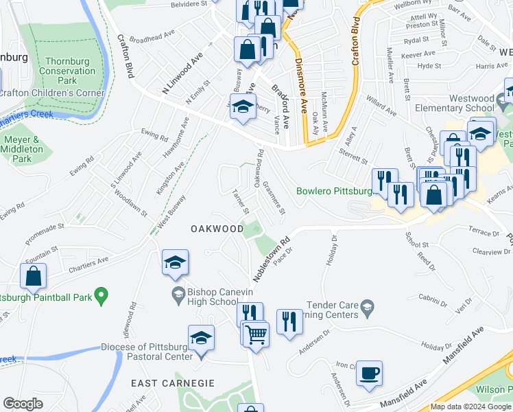 map of restaurants, bars, coffee shops, grocery stores, and more near 14 Cannon Street in Pittsburgh