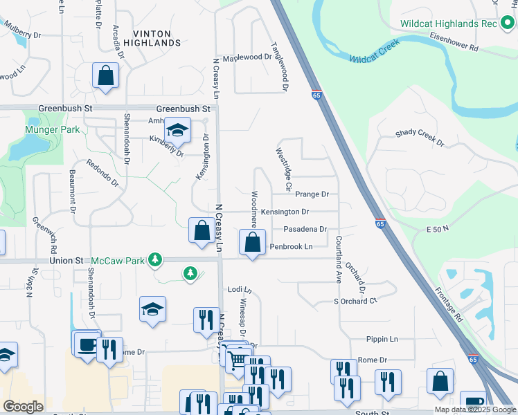 map of restaurants, bars, coffee shops, grocery stores, and more near 1013 Woodmere Drive in Lafayette