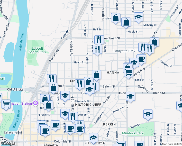 map of restaurants, bars, coffee shops, grocery stores, and more near 1216 Hartford Street in Lafayette