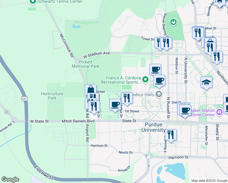 map of restaurants, bars, coffee shops, grocery stores, and more near in Tippecanoe County