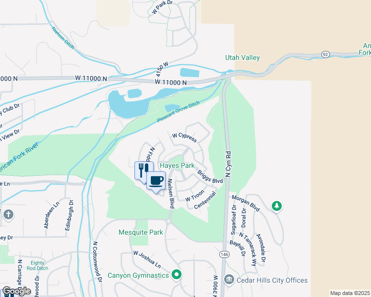 map of restaurants, bars, coffee shops, grocery stores, and more near 4067 Cypress in Cedar Hills