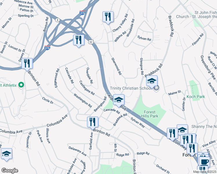 map of restaurants, bars, coffee shops, grocery stores, and more near 1645 Ardmore Boulevard in Pittsburgh