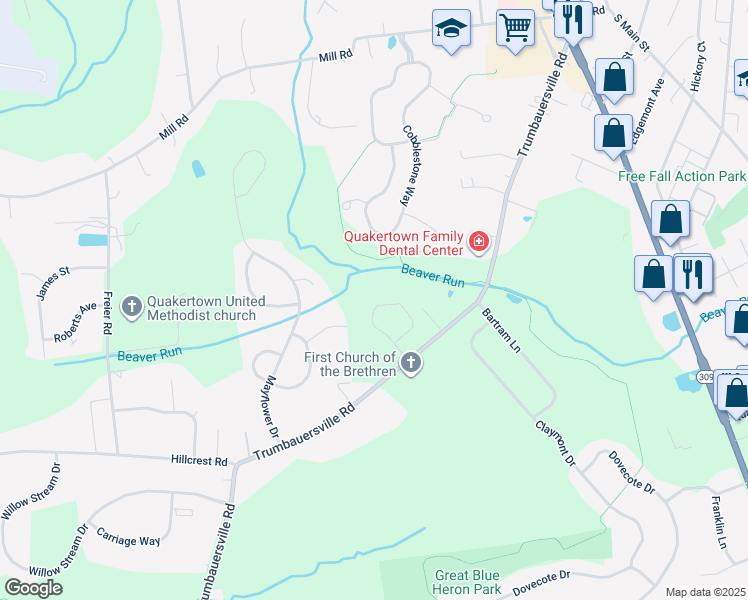 map of restaurants, bars, coffee shops, grocery stores, and more near 1048 Meadowview Drive in Quakertown
