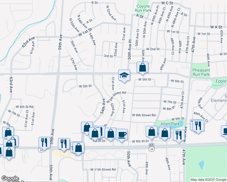 map of restaurants, bars, coffee shops, grocery stores, and more near 600 51st Avenue in Greeley