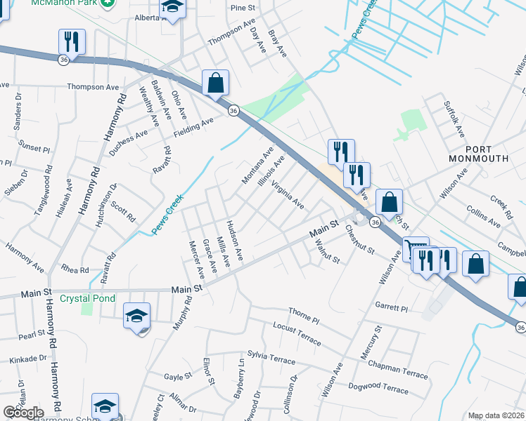 map of restaurants, bars, coffee shops, grocery stores, and more near 34 Michigan Avenue in Port Monmouth