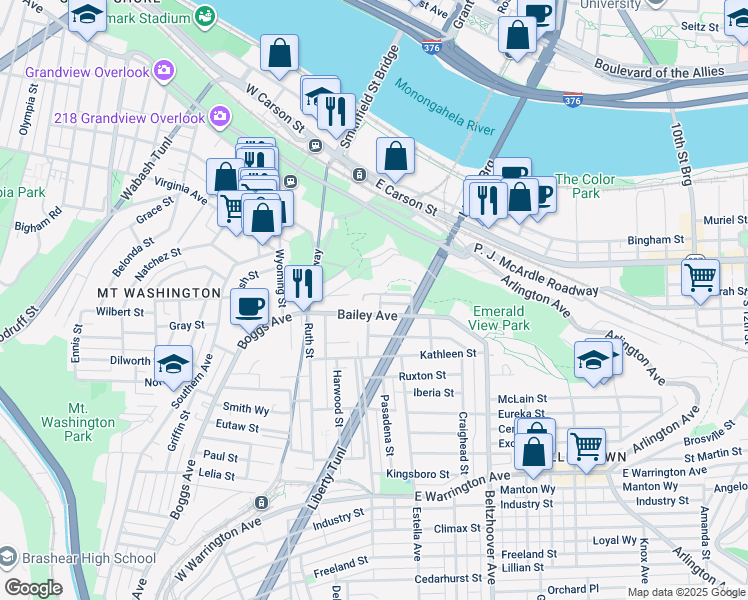 map of restaurants, bars, coffee shops, grocery stores, and more near 304 Bigbee Street in Pittsburgh