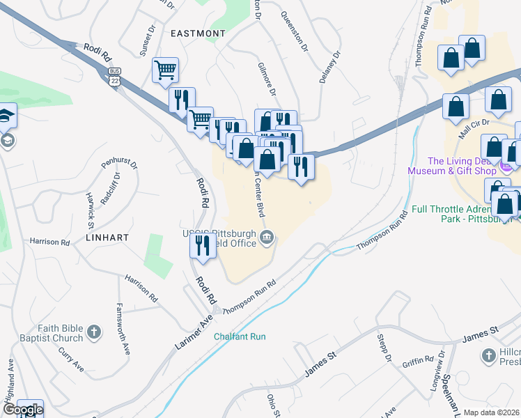 map of restaurants, bars, coffee shops, grocery stores, and more near 508 Penn Center Boulevard in Pittsburgh
