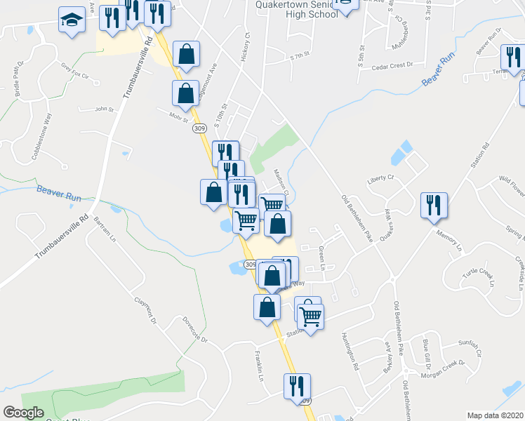 map of restaurants, bars, coffee shops, grocery stores, and more near 216 Washington Court in Quakertown