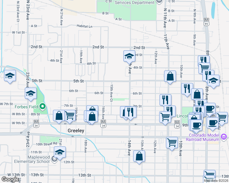 map of restaurants, bars, coffee shops, grocery stores, and more near 1445 6th Street in Greeley