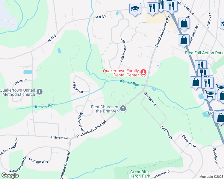 map of restaurants, bars, coffee shops, grocery stores, and more near 1048 Meadowview Drive in Quakertown