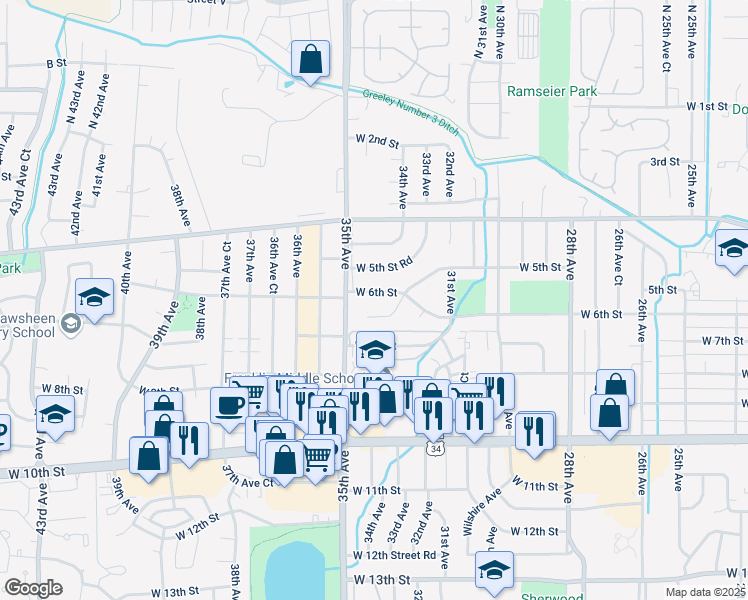 map of restaurants, bars, coffee shops, grocery stores, and more near 3425 West 6th Street in Greeley