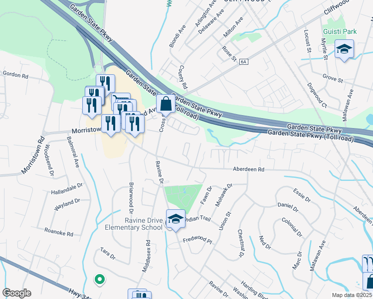 map of restaurants, bars, coffee shops, grocery stores, and more near 33 Aberdeen Road in Matawan