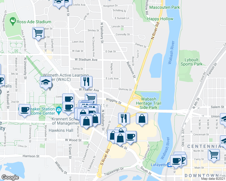 map of restaurants, bars, coffee shops, grocery stores, and more near 203 Quincy Street in West Lafayette