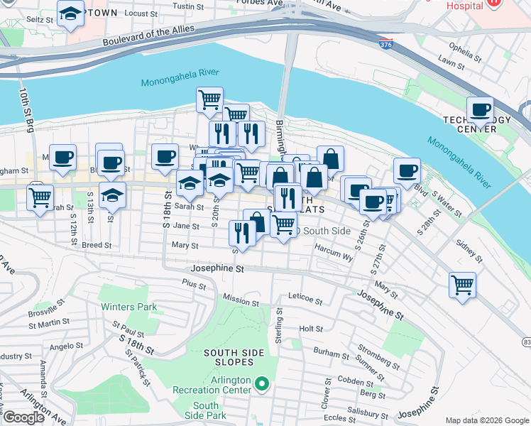 map of restaurants, bars, coffee shops, grocery stores, and more near Sarah Street & South 22nd Street in Pittsburgh