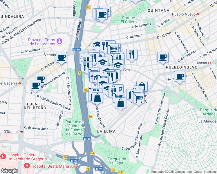 map of restaurants, bars, coffee shops, grocery stores, and more near 22 Calle San Marcelo in Madrid