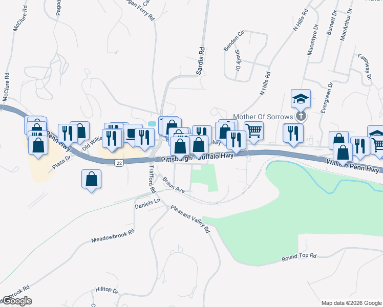 map of restaurants, bars, coffee shops, grocery stores, and more near 950 Carson Avenue in Murrysville