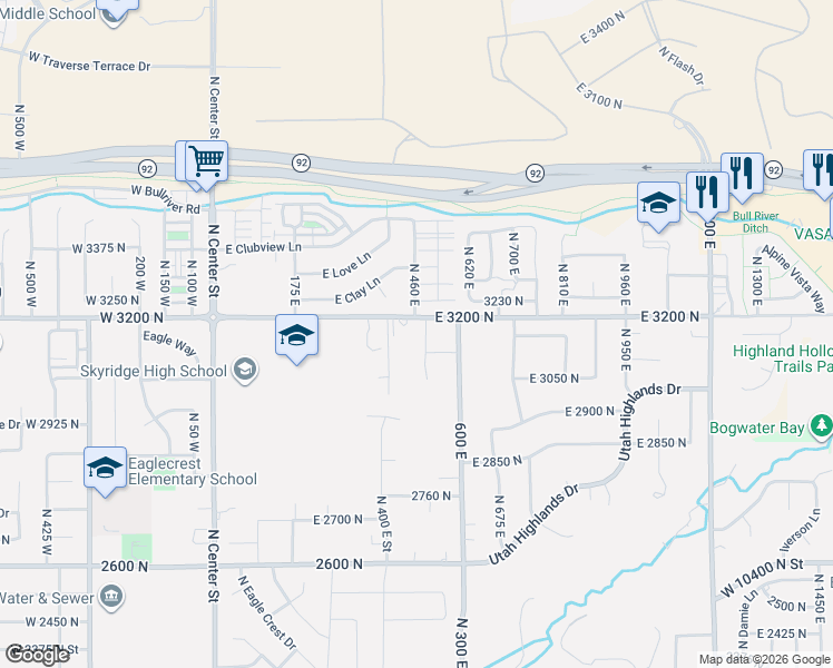map of restaurants, bars, coffee shops, grocery stores, and more near 3200 North 500 East in Lehi