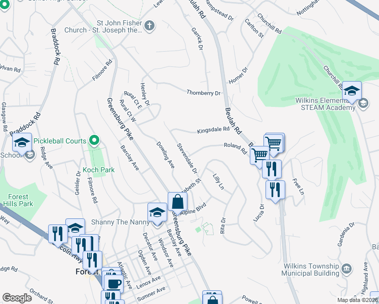 map of restaurants, bars, coffee shops, grocery stores, and more near 907 Roland Road in Pittsburgh