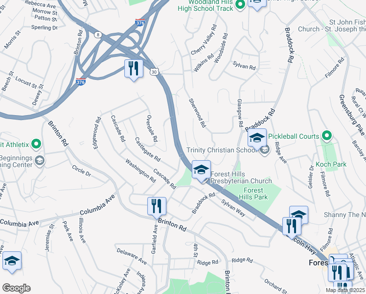 map of restaurants, bars, coffee shops, grocery stores, and more near 1635 Ardmore Boulevard in Pittsburgh