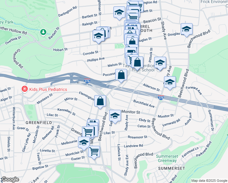 map of restaurants, bars, coffee shops, grocery stores, and more near 5636 Forward Avenue in Pittsburgh