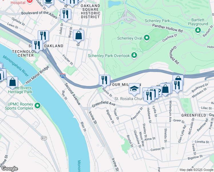 map of restaurants, bars, coffee shops, grocery stores, and more near 216 Four Mile Run Road in Pittsburgh