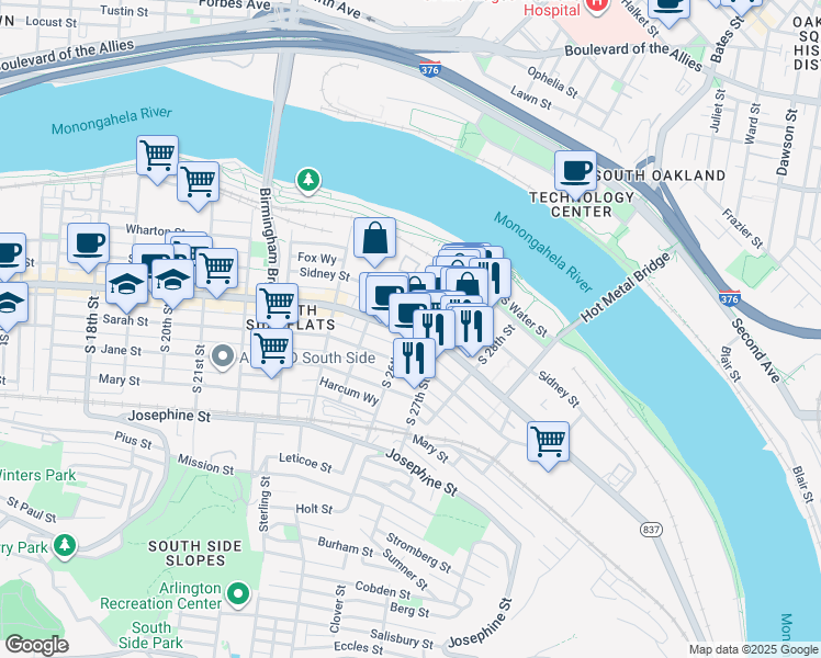 map of restaurants, bars, coffee shops, grocery stores, and more near 52A South 26th Street in Pittsburgh