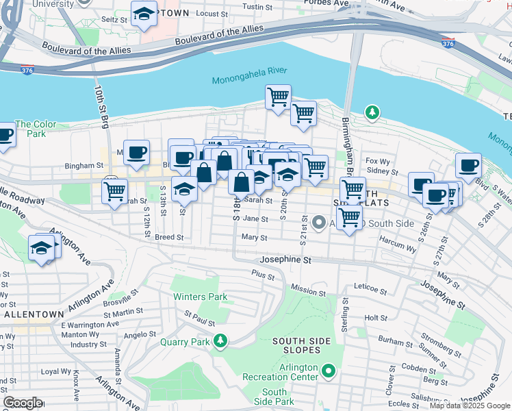 map of restaurants, bars, coffee shops, grocery stores, and more near 1807 Sarah Street in Pittsburgh