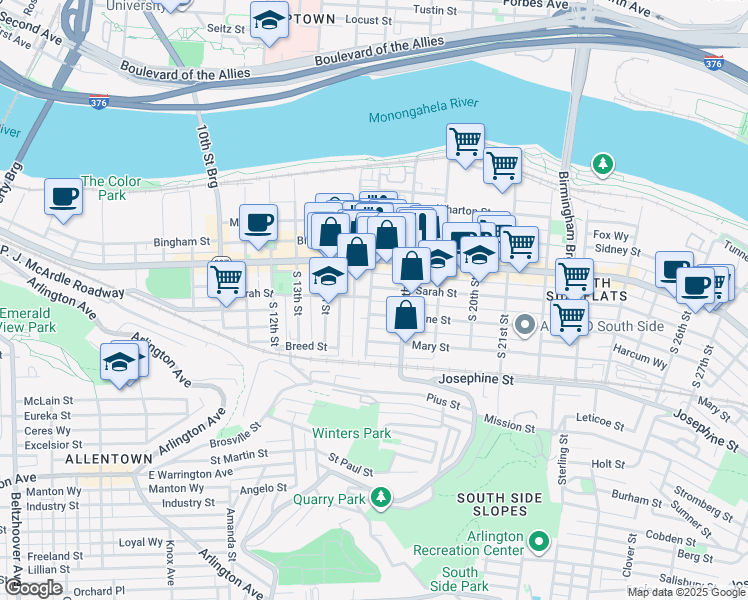 map of restaurants, bars, coffee shops, grocery stores, and more near 1715 Sarah Street in Pittsburgh