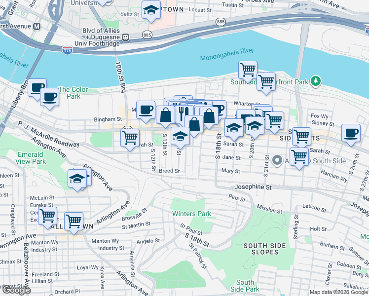 map of restaurants, bars, coffee shops, grocery stores, and more near 114 South 16th Street in Pittsburgh