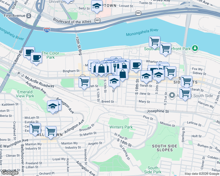 map of restaurants, bars, coffee shops, grocery stores, and more near 14TH South Commons in Pittsburgh