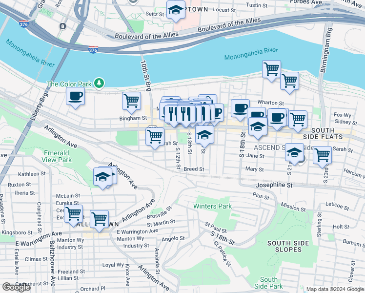 map of restaurants, bars, coffee shops, grocery stores, and more near 1212 East Carson Street in Pittsburgh