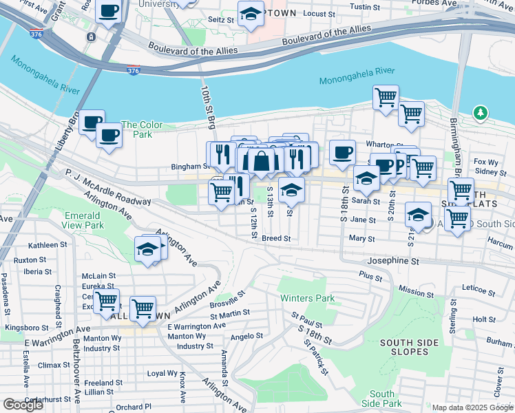 map of restaurants, bars, coffee shops, grocery stores, and more near 1212 East Carson Street in Pittsburgh