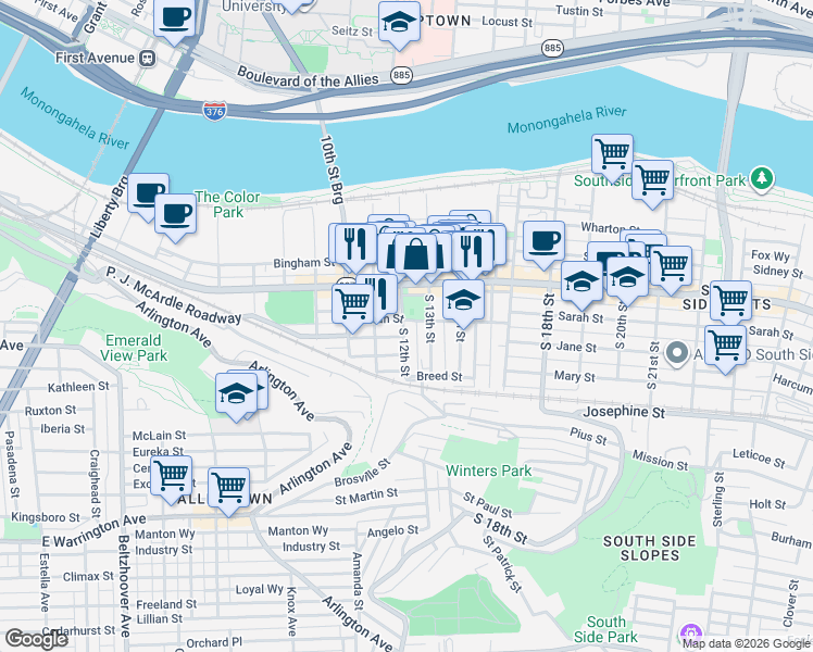 map of restaurants, bars, coffee shops, grocery stores, and more near 1212 East Carson Street in Pittsburgh
