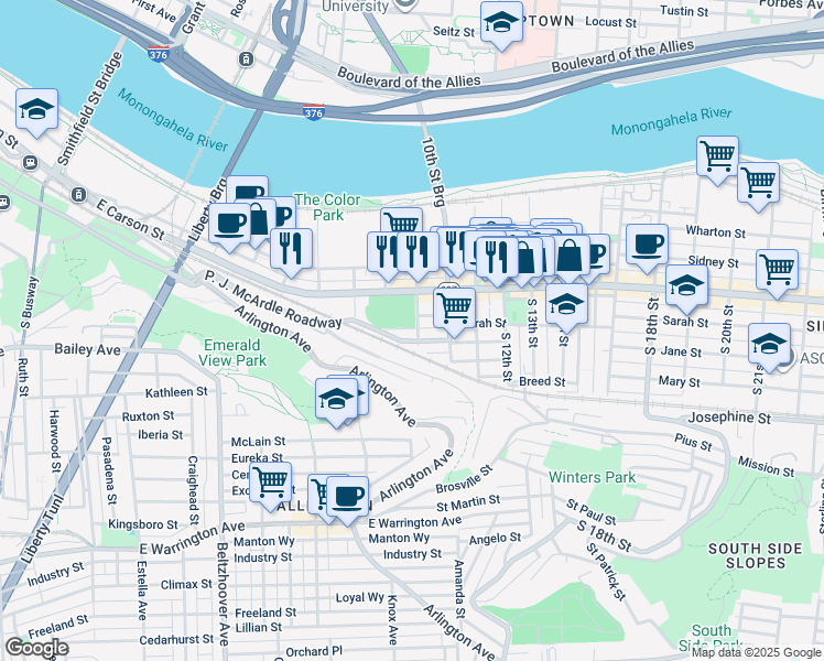 map of restaurants, bars, coffee shops, grocery stores, and more near 800 East Carson Street in Pittsburgh