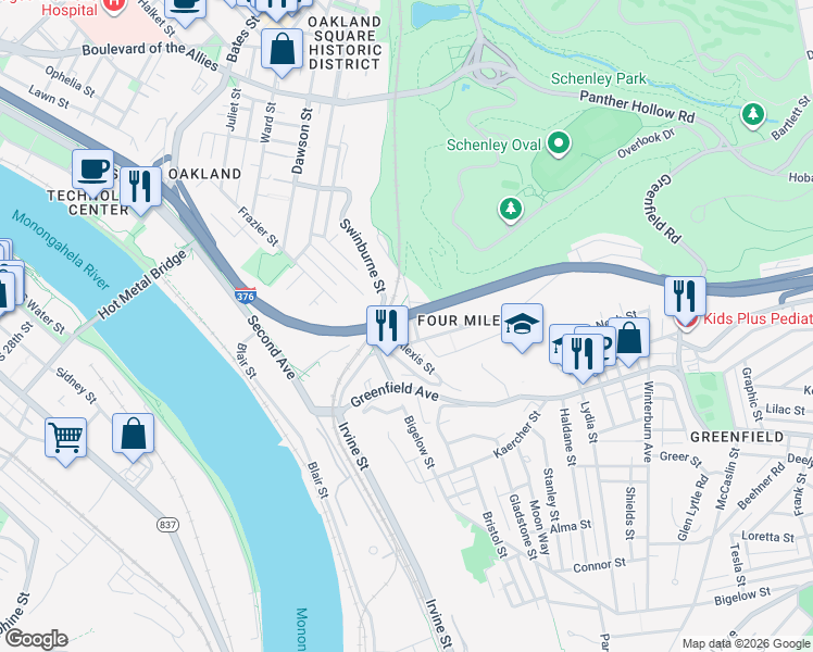 map of restaurants, bars, coffee shops, grocery stores, and more near 216 Four Mile Run Road in Pittsburgh