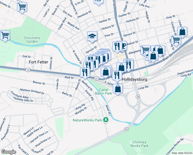 map of restaurants, bars, coffee shops, grocery stores, and more near 215 Mulberry Street in Hollidaysburg