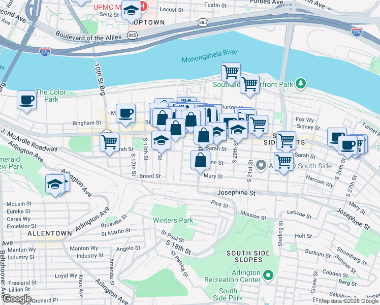map of restaurants, bars, coffee shops, grocery stores, and more near 1715 Sarah Street in Pittsburgh