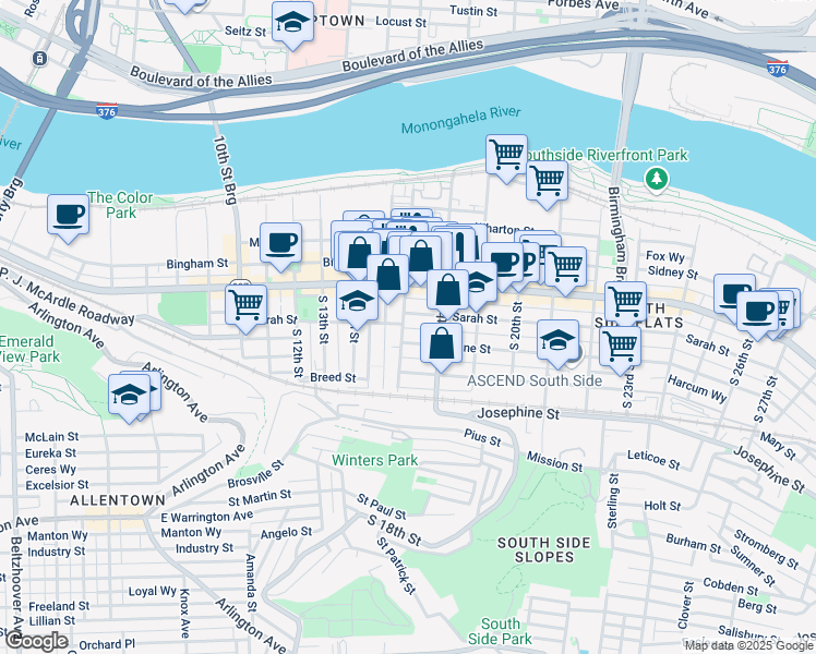 map of restaurants, bars, coffee shops, grocery stores, and more near 127 South 17th Street in Pittsburgh