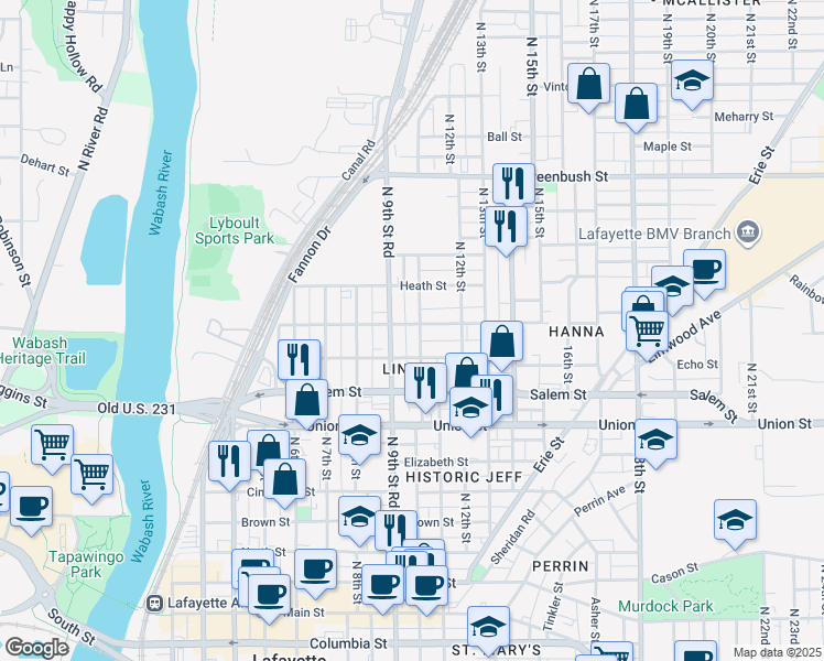 map of restaurants, bars, coffee shops, grocery stores, and more near 1108 North 10th Street in Lafayette