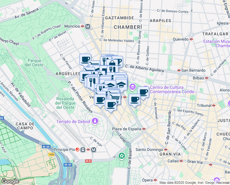 map of restaurants, bars, coffee shops, grocery stores, and more near 16 Calle del Tutor in Madrid