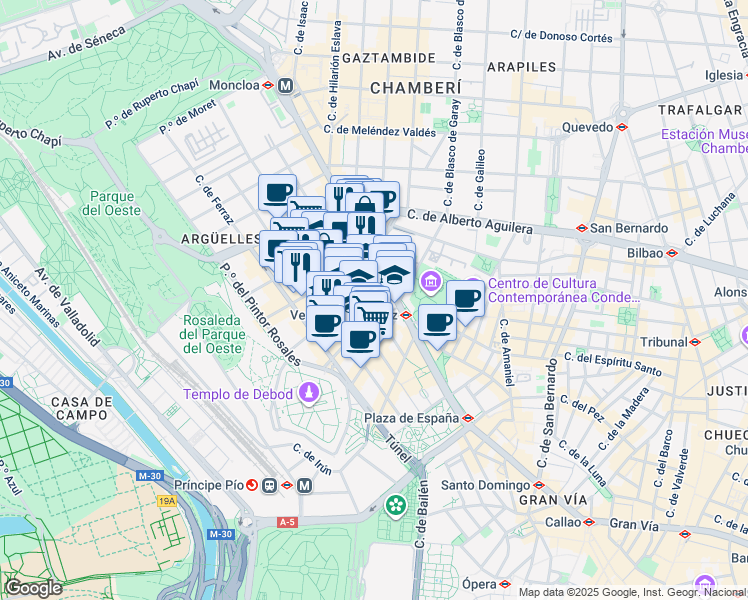 map of restaurants, bars, coffee shops, grocery stores, and more near 16 Calle del Tutor in Madrid