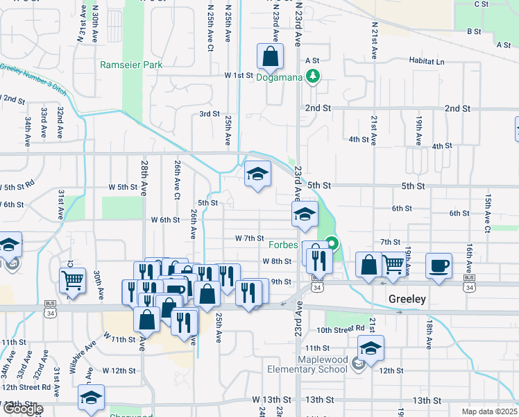 map of restaurants, bars, coffee shops, grocery stores, and more near 500 24th Avenue in Greeley