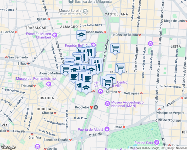 map of restaurants, bars, coffee shops, grocery stores, and more near 6 Calle Amador de los Ríos in Madrid