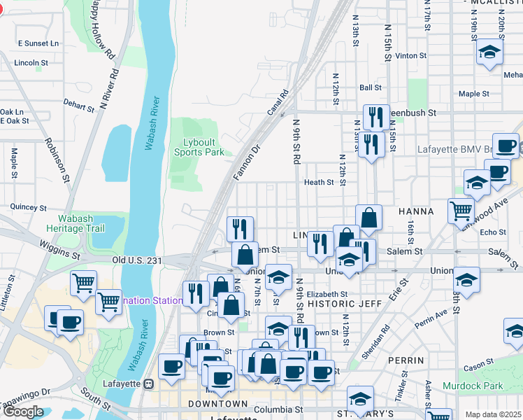 map of restaurants, bars, coffee shops, grocery stores, and more near 1029 North 7th Street in Lafayette