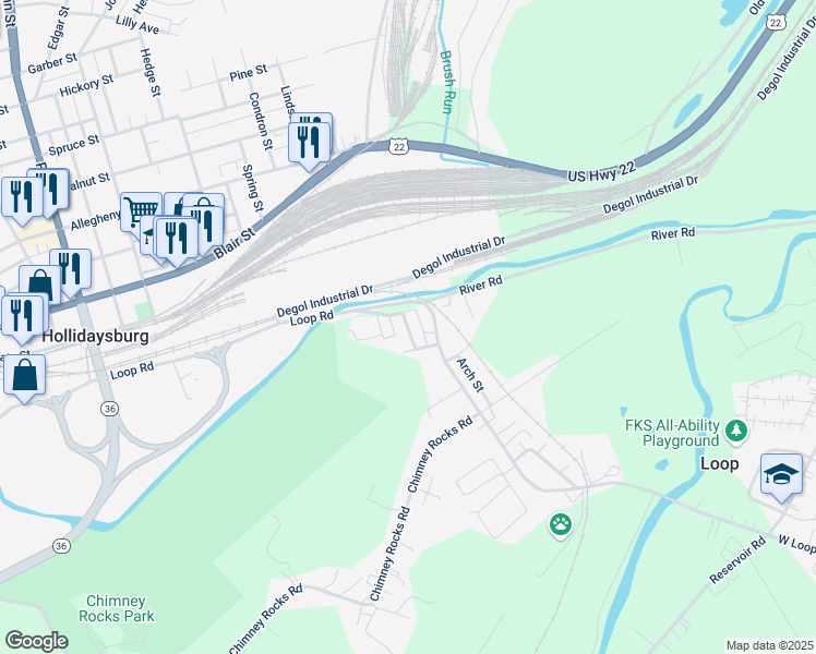 map of restaurants, bars, coffee shops, grocery stores, and more near Railroad Street in Hollidaysburg