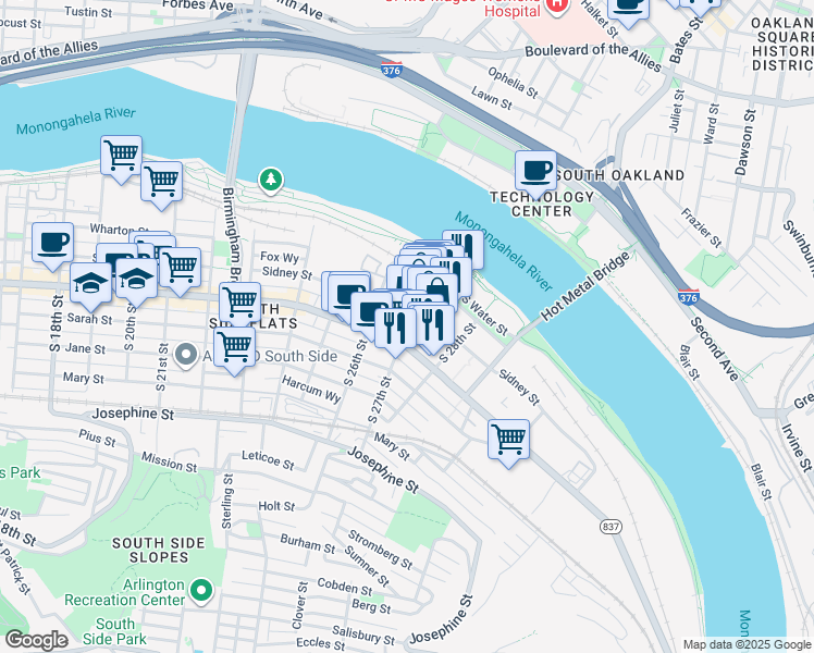 map of restaurants, bars, coffee shops, grocery stores, and more near 2667 Sidney Street in Pittsburgh