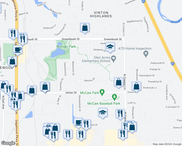 map of restaurants, bars, coffee shops, grocery stores, and more near 1002 Navarre Drive in Lafayette