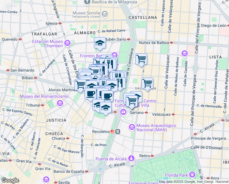 map of restaurants, bars, coffee shops, grocery stores, and more near 6 Calle Amador de los Ríos in Madrid